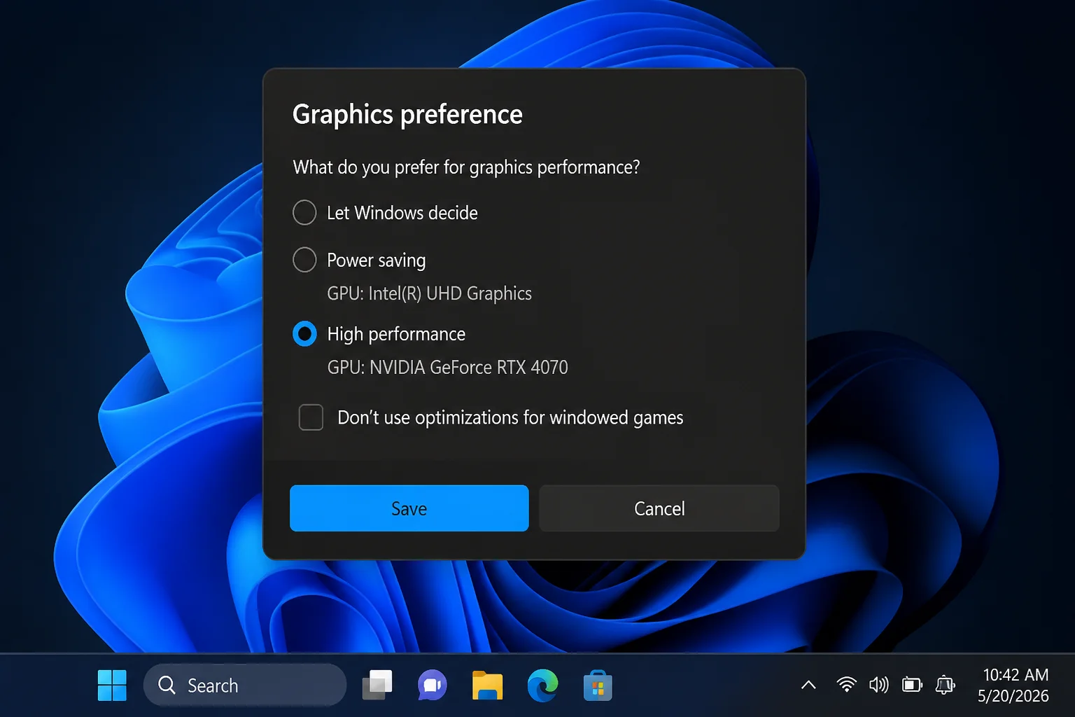 Windows graphics preference dialog for javaw.exe showing High performance, the displayed GPU name, and Save highlighted