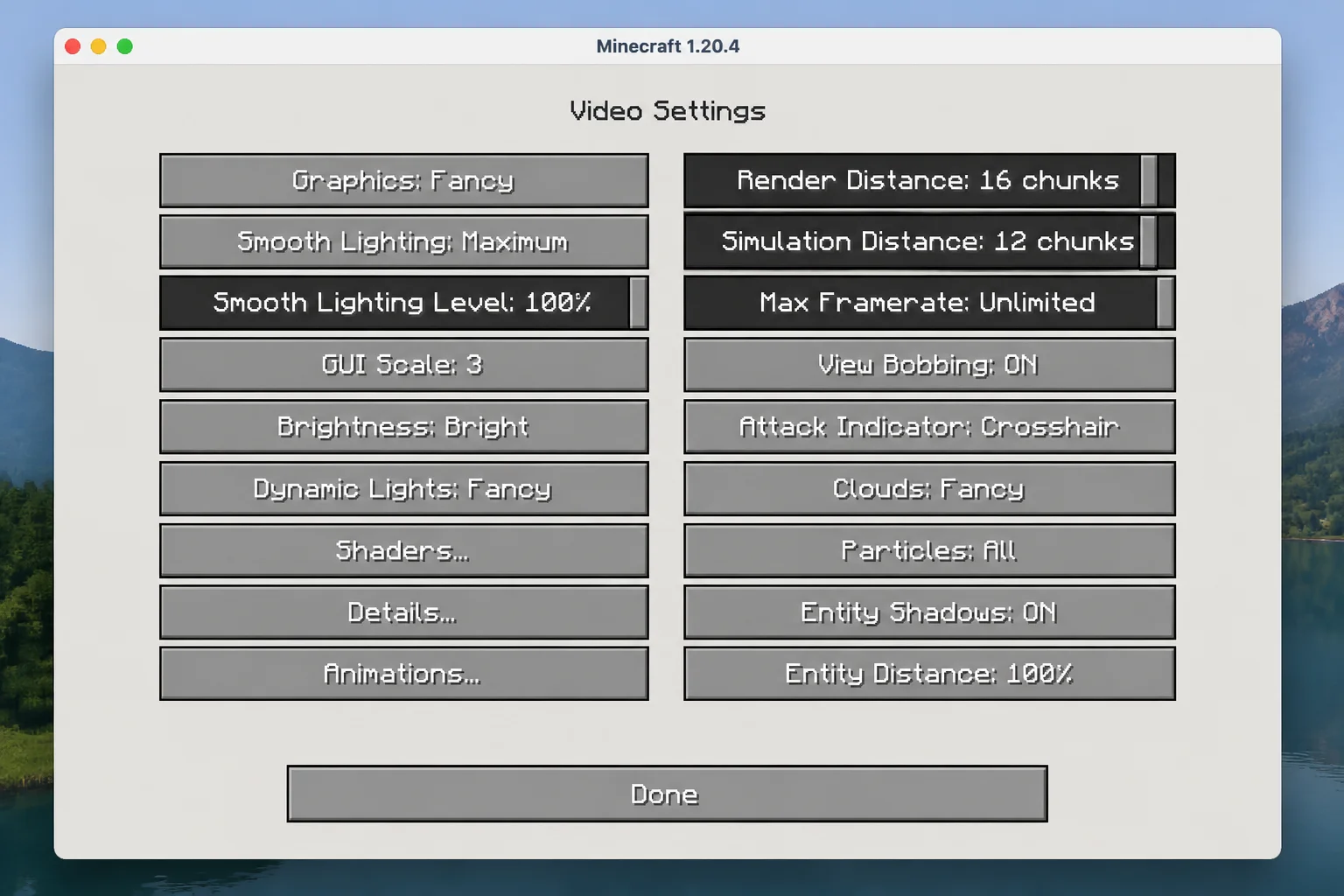 Video Settings menu with Render Distance, Simulation Distance, graphics quality, and Done controls visible and highlighted