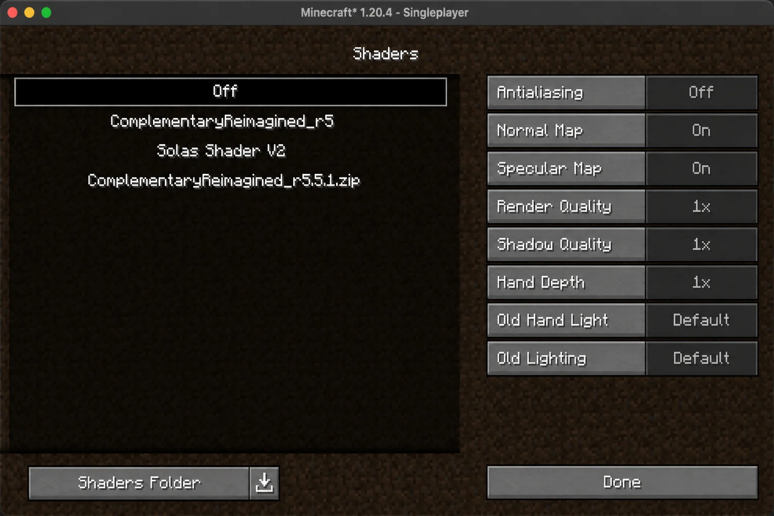 Stable shader-selection screen from a compatible installed mod with the Off or Disabled option and Apply control highlighted