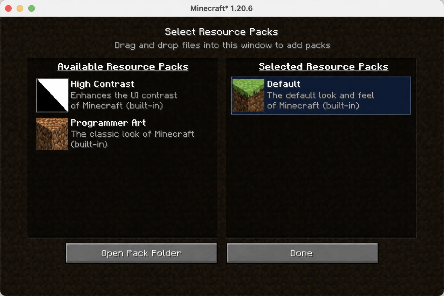 Resource Packs screen showing the selected-pack area and default resources option highlighted