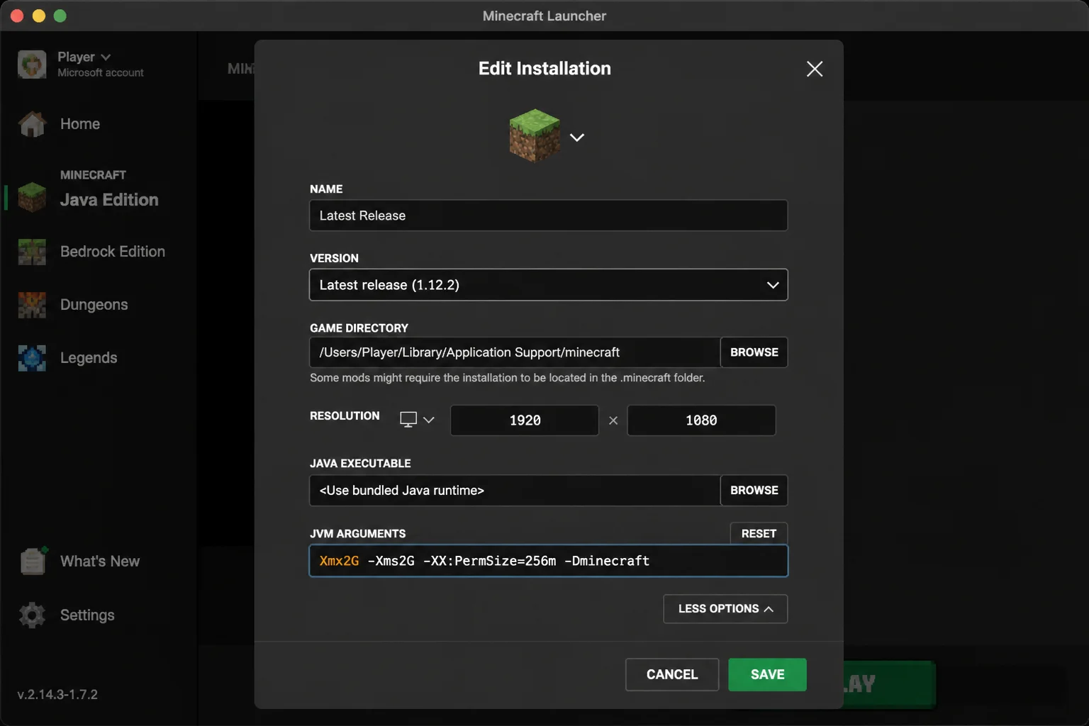 Installation editor with More Options expanded, JVM Arguments visible, and only the existing -Xmx value highlighted