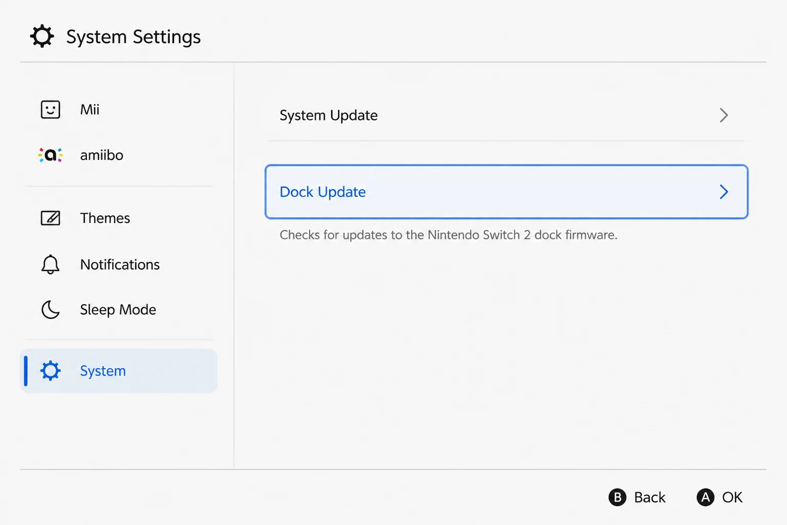 Nintendo Switch 2 System Settings with System selected and Dock Update highlighted