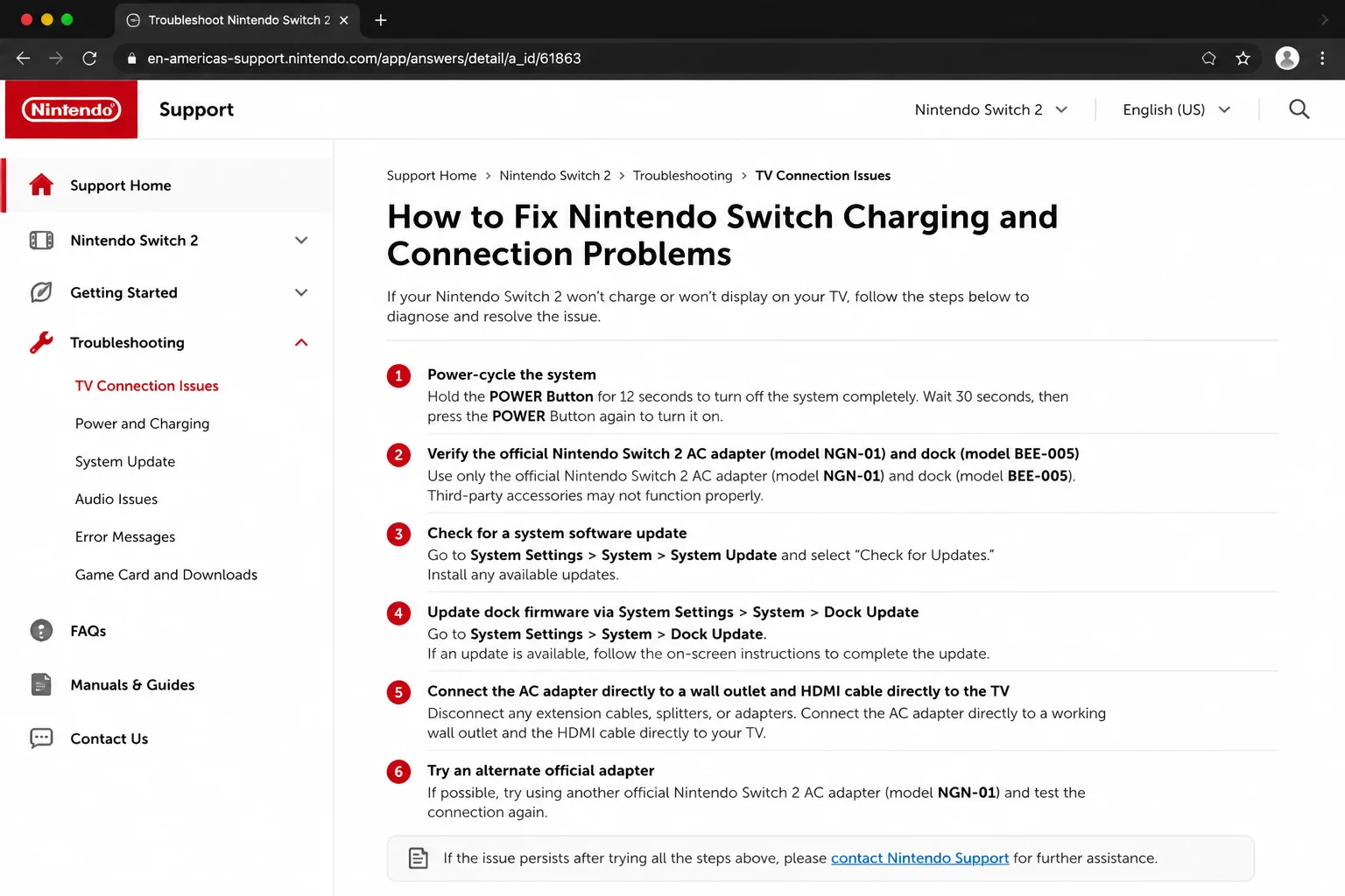 Official Nintendo support page for the Switch 2 TV-connection error with NGN-01, BEE-005, and Dock Update instructions highlighted