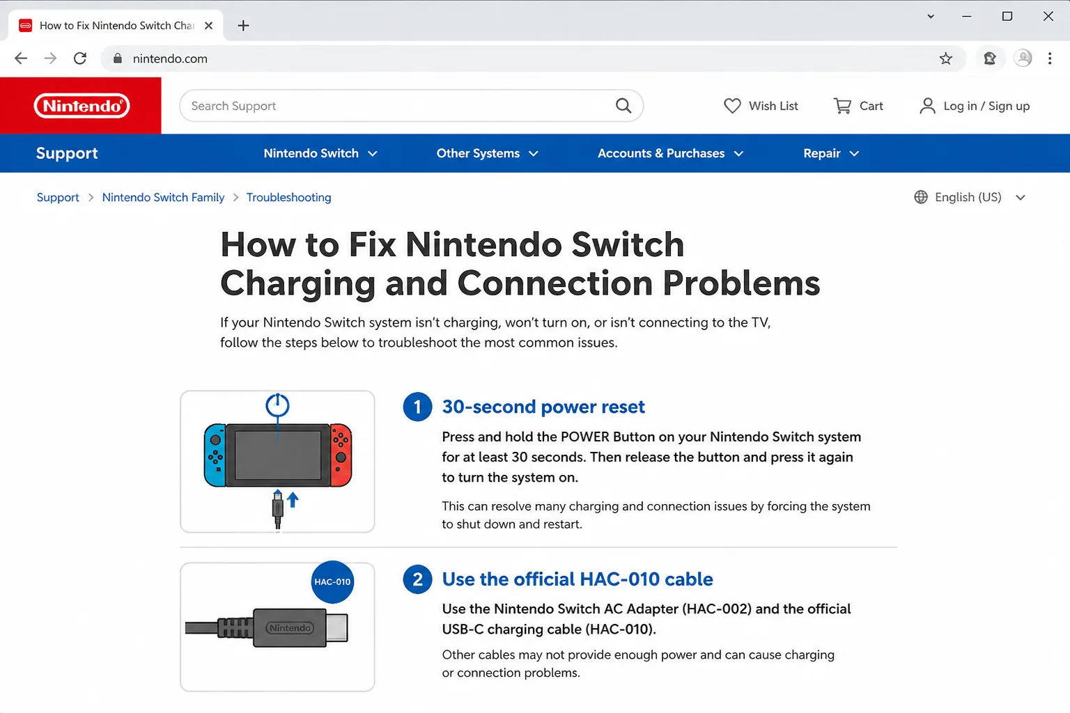 Official Nintendo dock USB troubleshooting page with the 30-second power reset and HAC-010 cable reference highlighted
