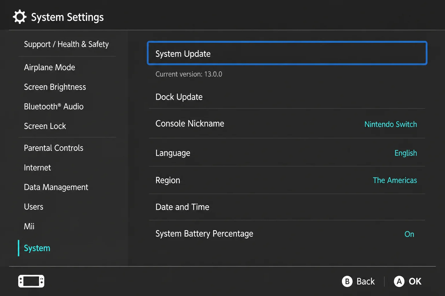 Nintendo Switch System Settings with System selected and System Update highlighted