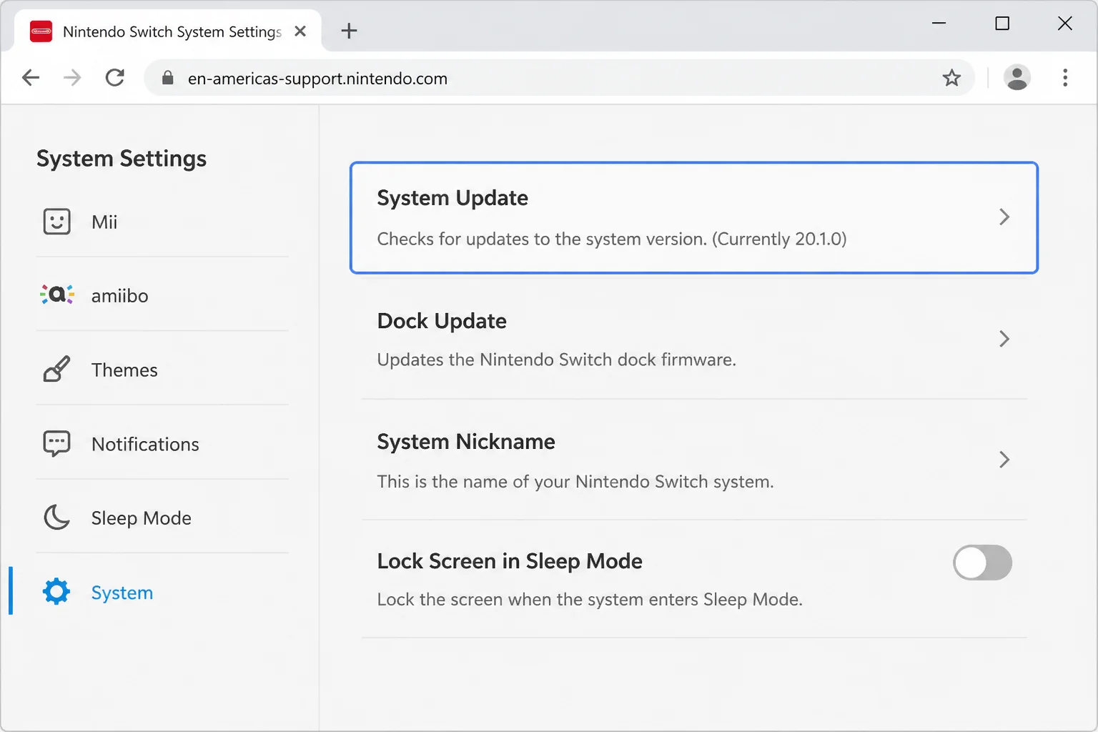 Official Nintendo Switch system-update page with the System Settings, System, and System Update path highlighted