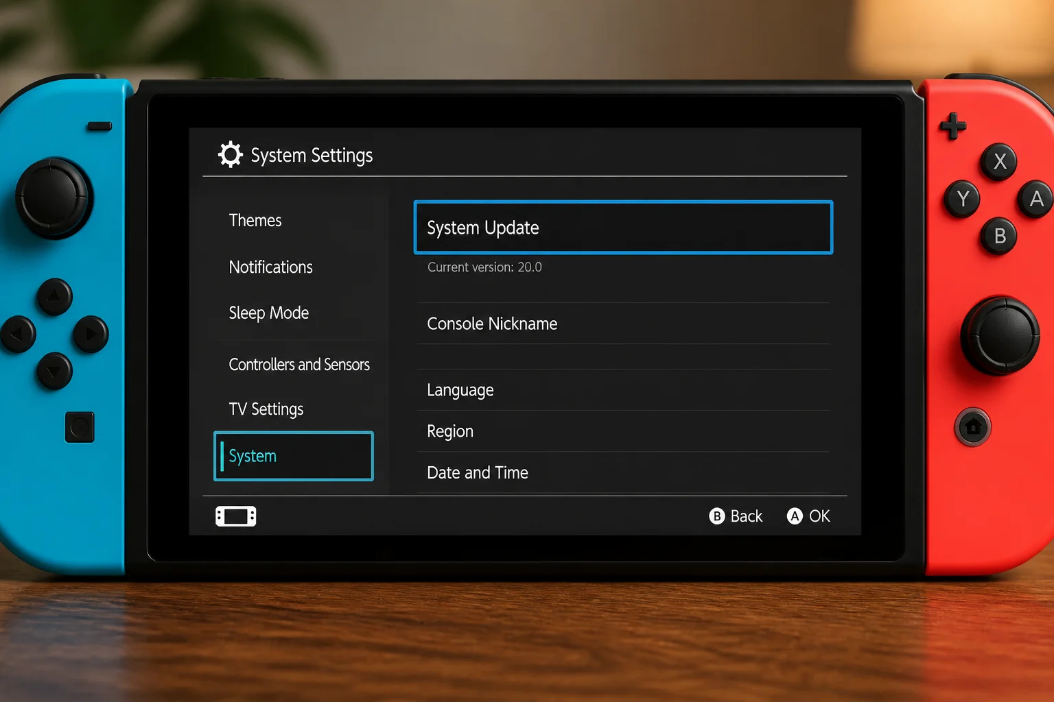 System Settings with System selected in the left navigation and System Update highlighted, including the installed version