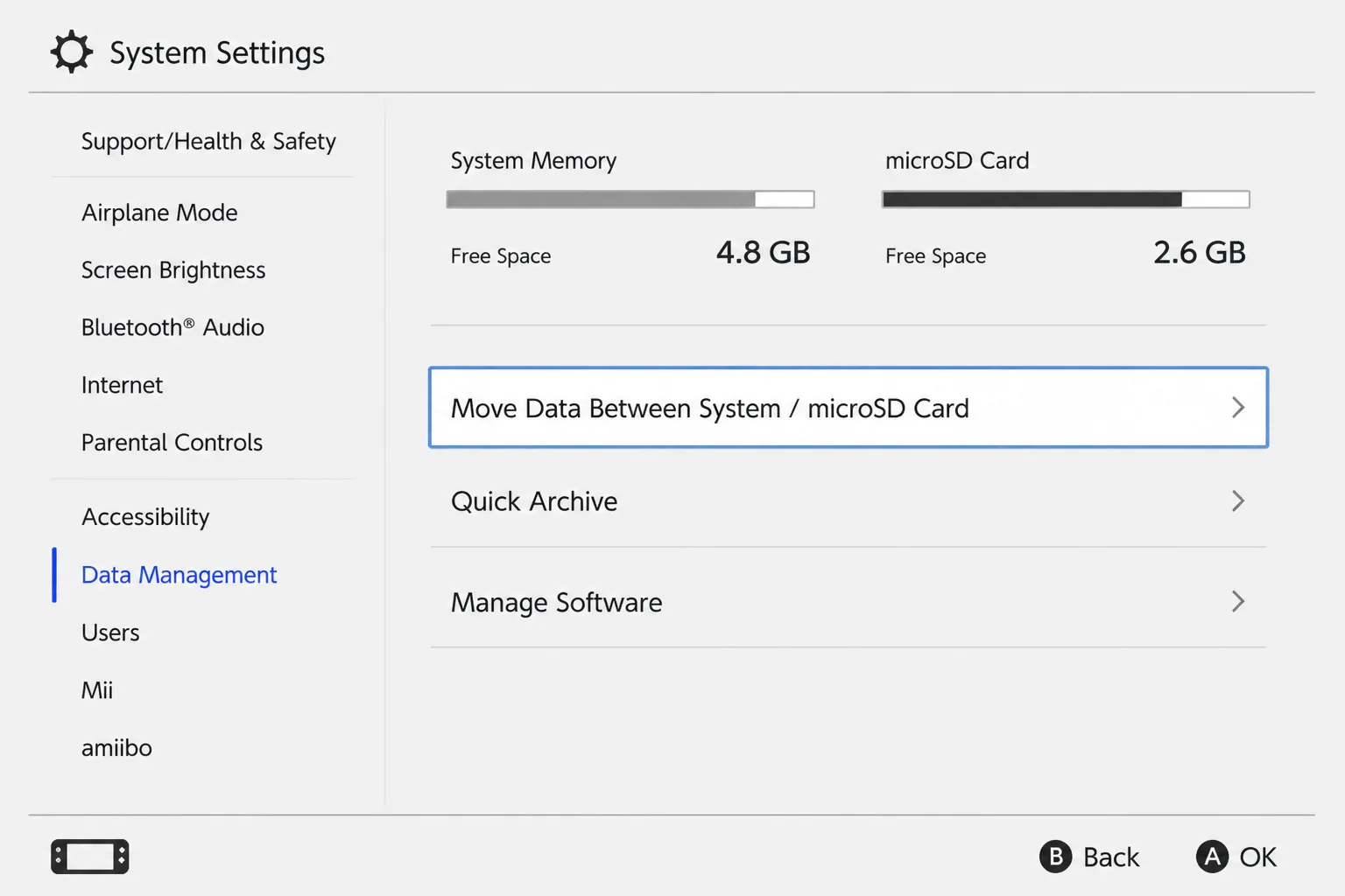Data Management overview showing system memory and microSD card usage without personal information