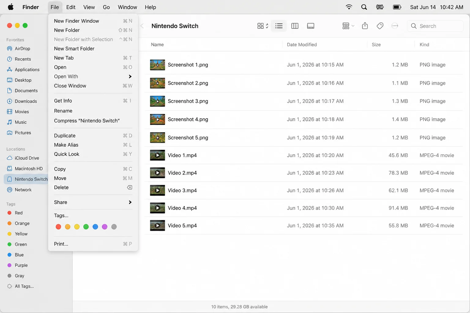 macOS Finder showing a mounted Nintendo Switch microSD card used only for copying accessible screenshots or videos, with no personal filenames visible