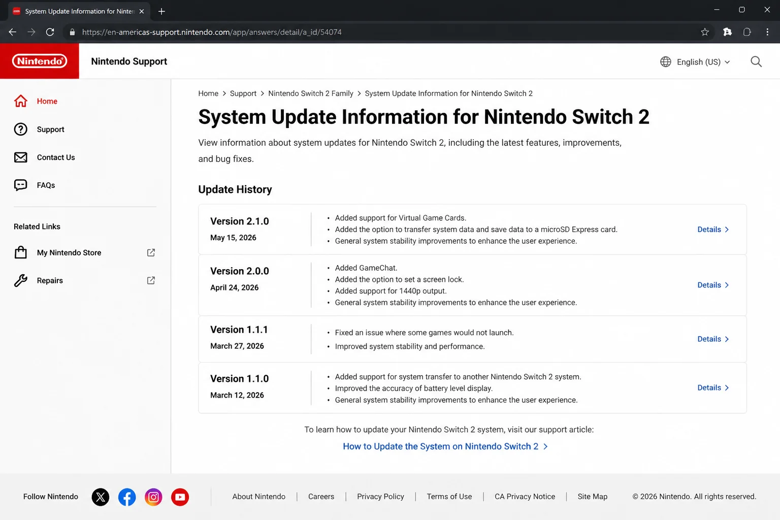 Nintendo's public update-history page with Nintendo Switch 2 in the title highlighted and clearly labeled Switch 2 only