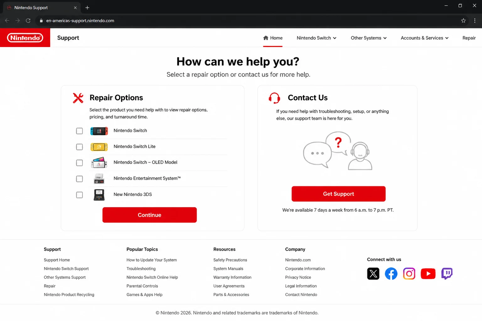 Nintendo Support page showing repair and contact options without login prompts or personal account information