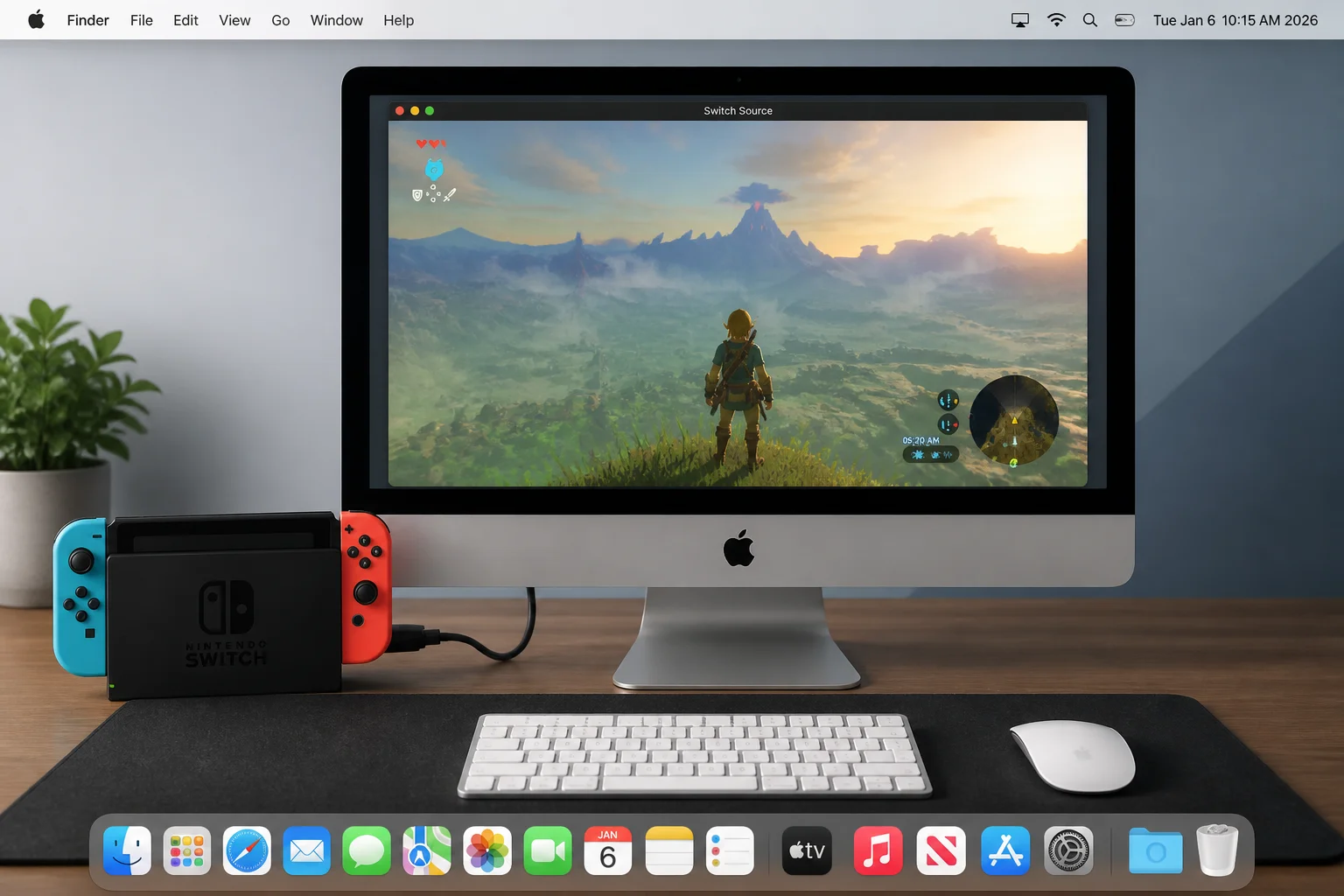 Mac desktop beside a Nintendo Switch, making clear that performance settings are changed on the console and no macOS installation is required