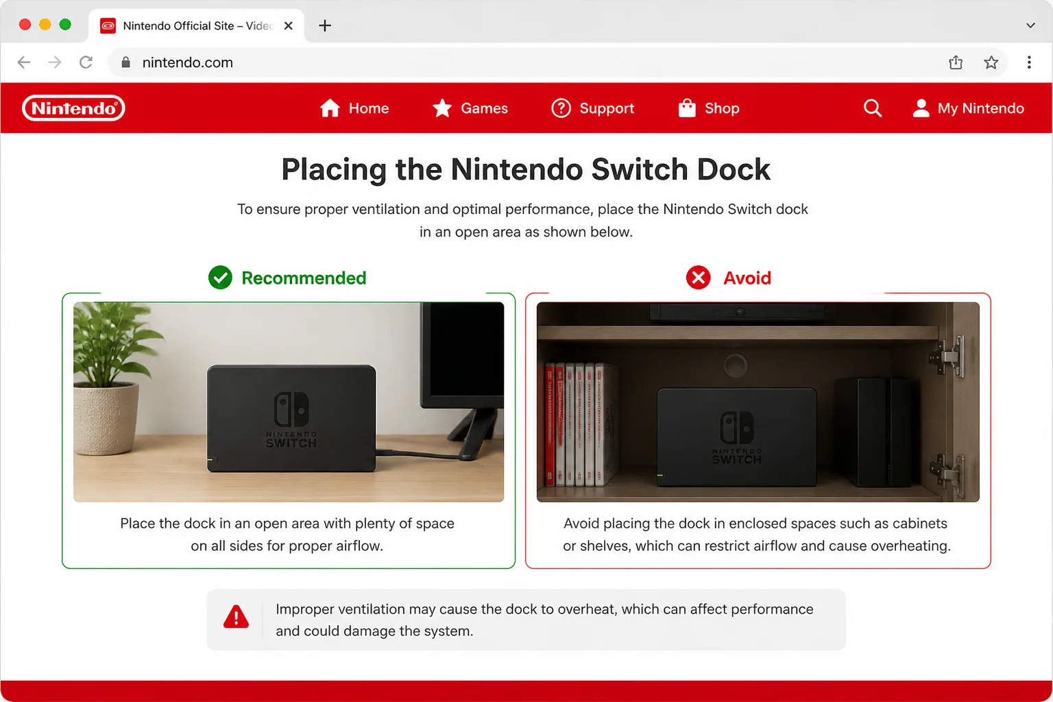 Side-by-side photo showing a Switch dock upright in an open area versus crowded inside a closed cabinet, with the obstructed setup labeled Avoid