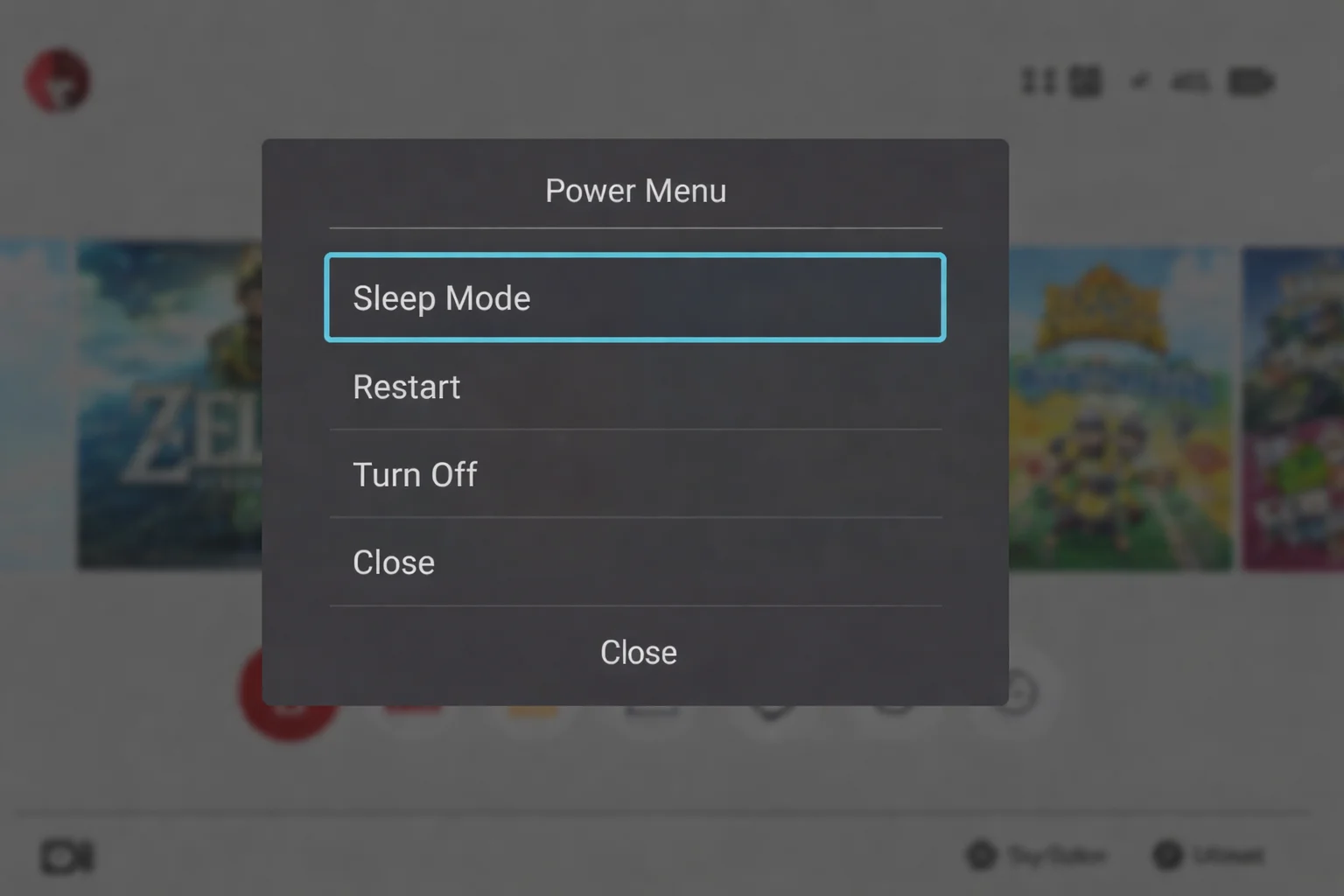 POWER Button menu with Power Options highlighted