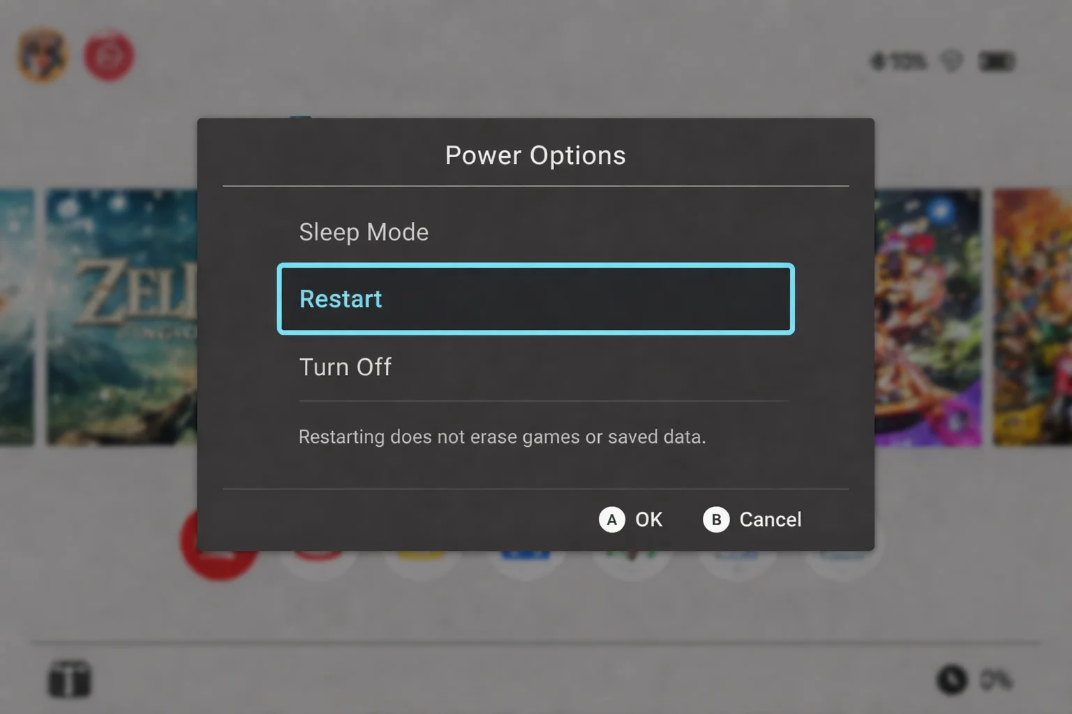 Power Options dialog with Restart highlighted and a note that restarting does not erase games or saved data