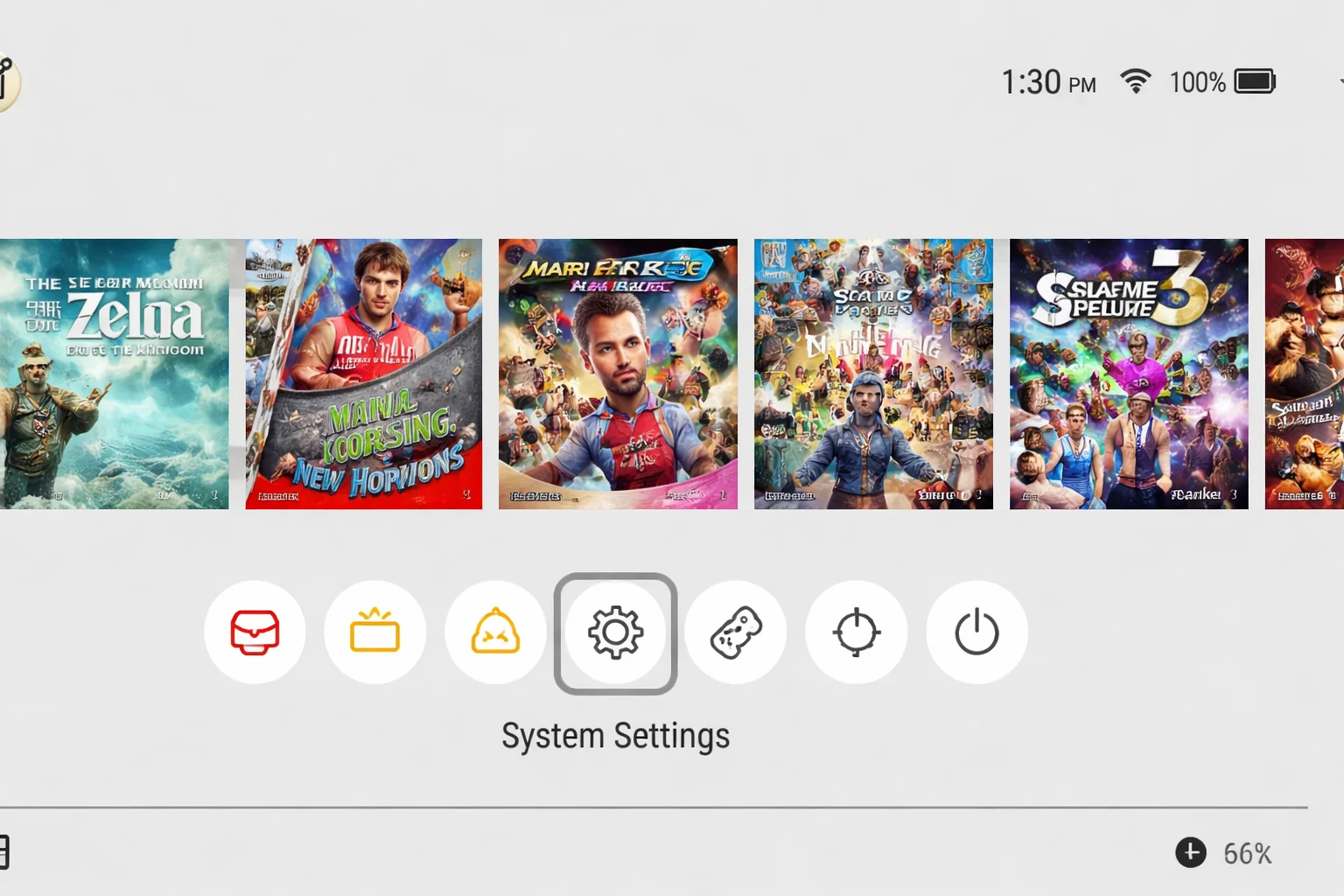 HOME Menu with the System Settings gear highlighted and profile information cropped out
