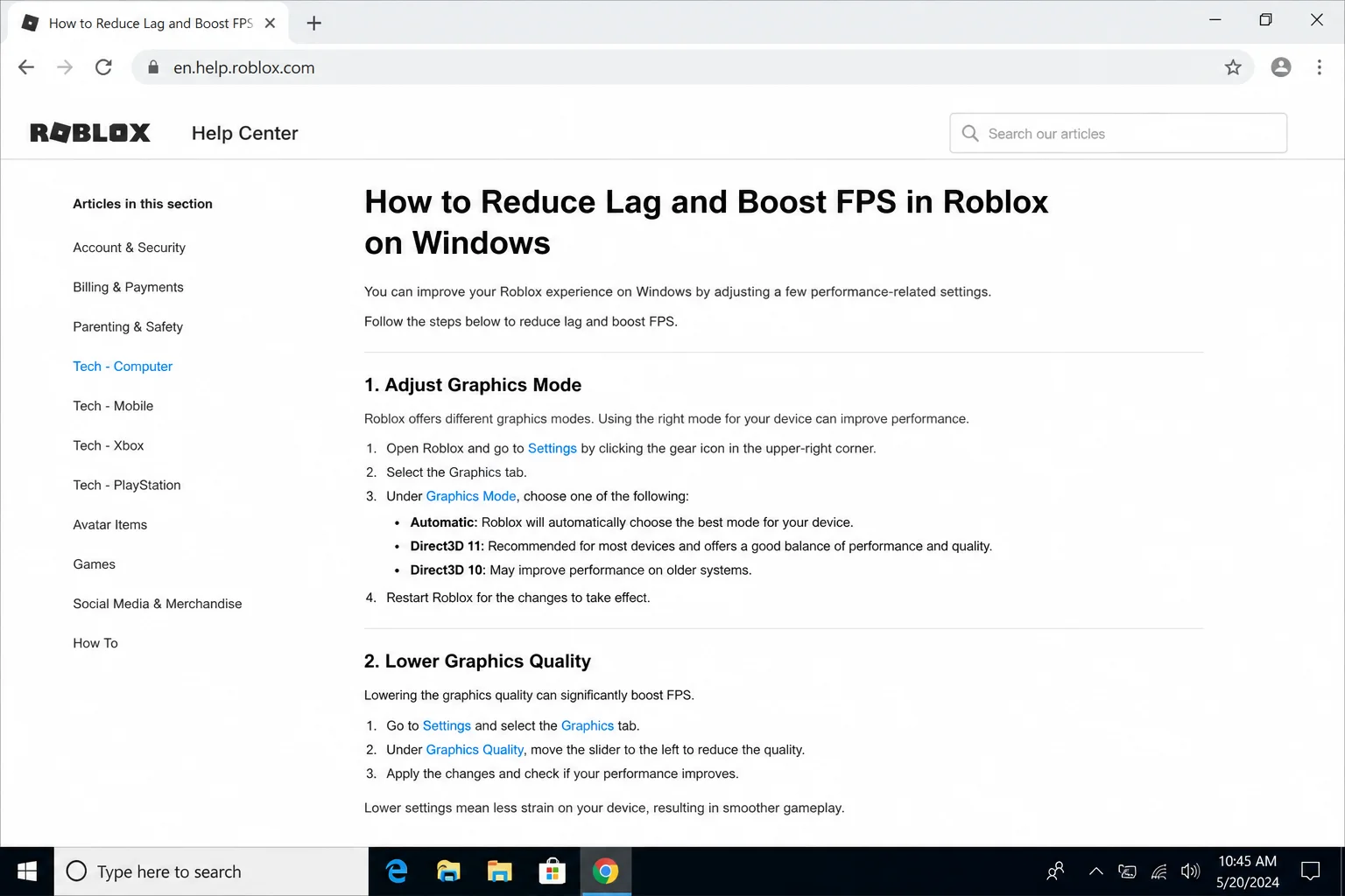 Roblox official How to Reduce Lag and Speed Up Play support article showing Graphics Mode and Graphics Quality guidance