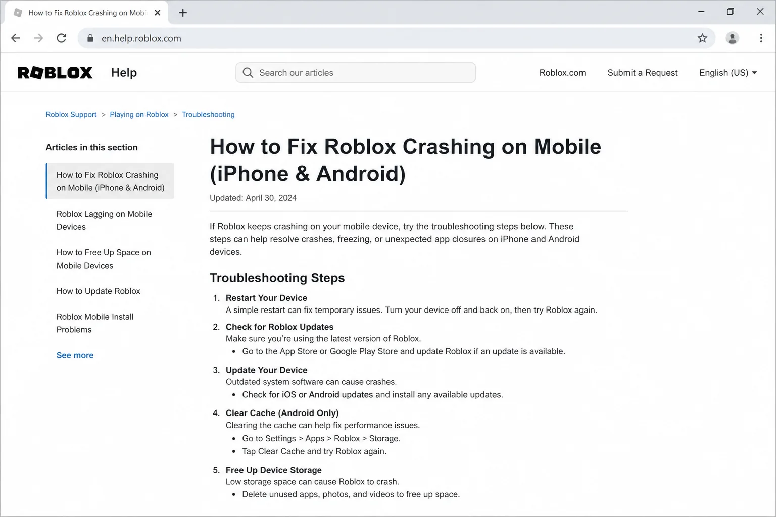 Roblox official iOS App Technical Issues support article page
