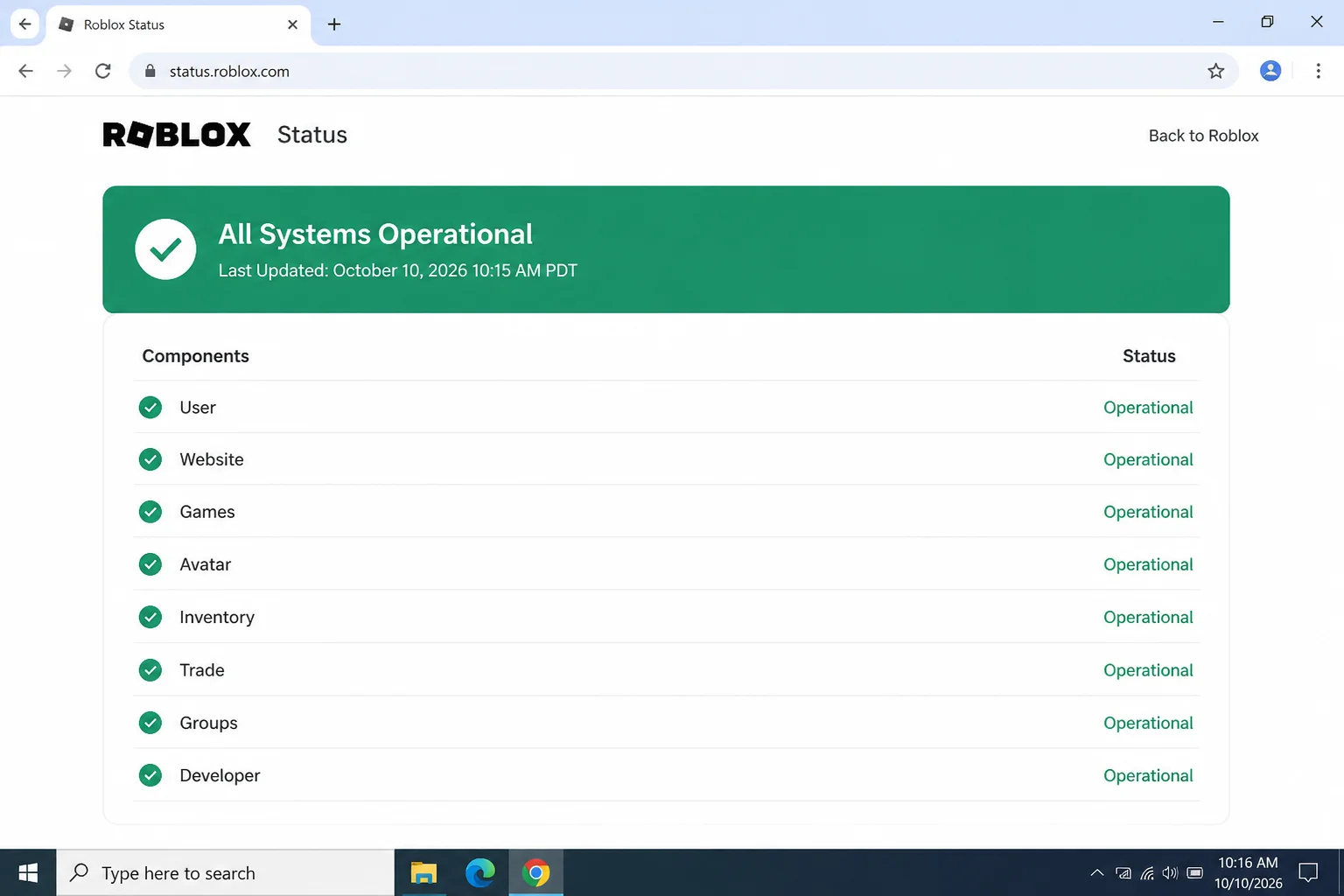 Roblox public status page showing overall service status indicators
