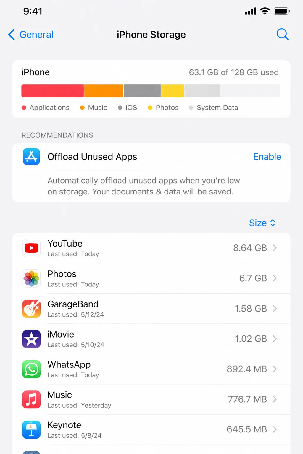 iPhone Storage screen under Settings > General showing storage bar and list of apps with space used