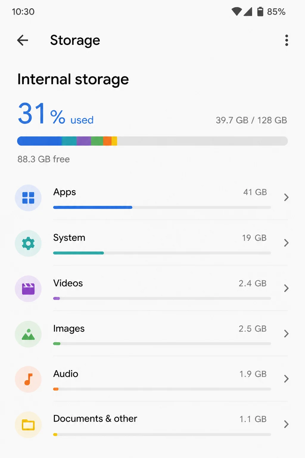 Android Storage settings screen showing breakdown of space used by apps, photos, and other files