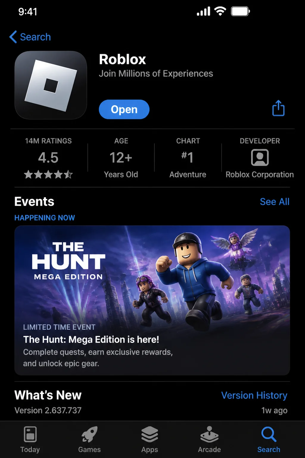 App Store page showing the Roblox app listing with an Update button visible