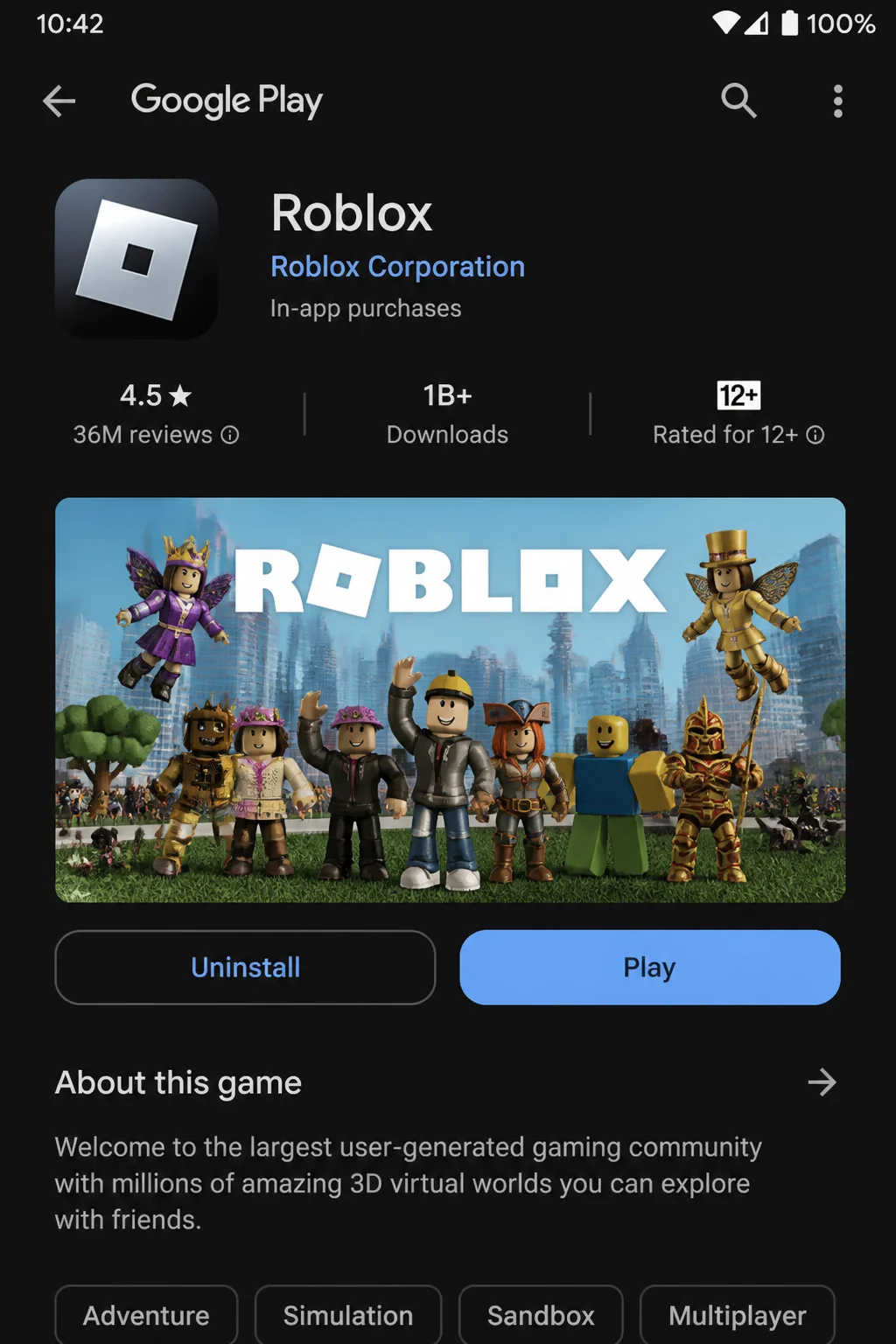 Google Play Store listing page for Roblox showing app details and update option