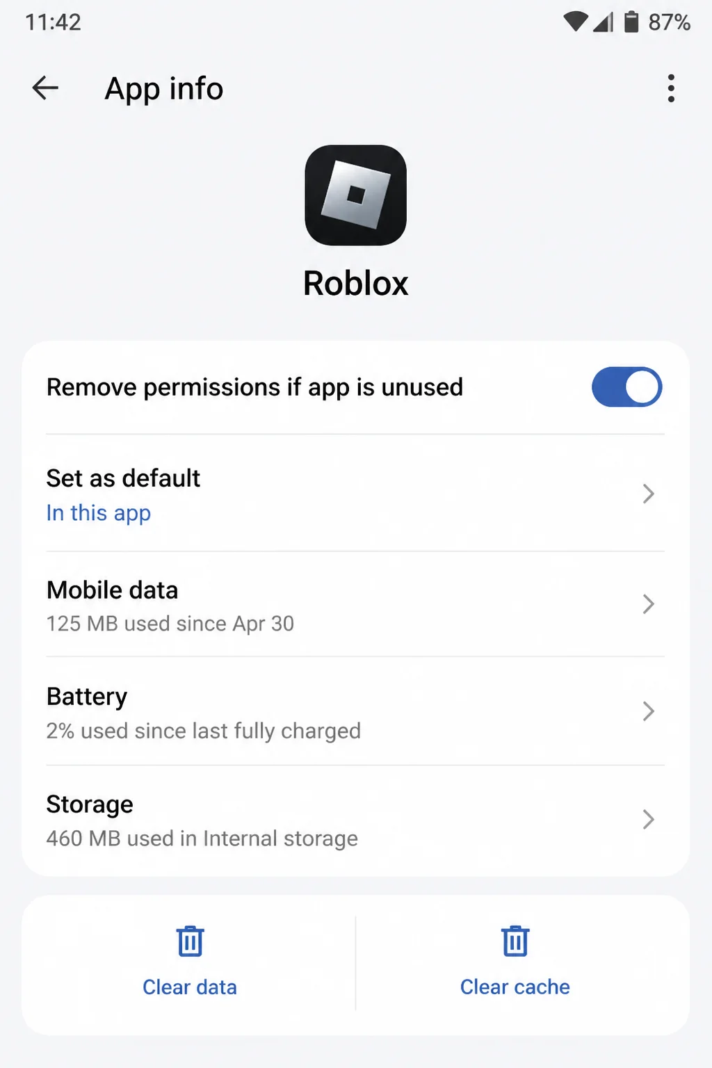 Android App info screen for Roblox showing Storage & cache option with Clear cache and Clear storage buttons