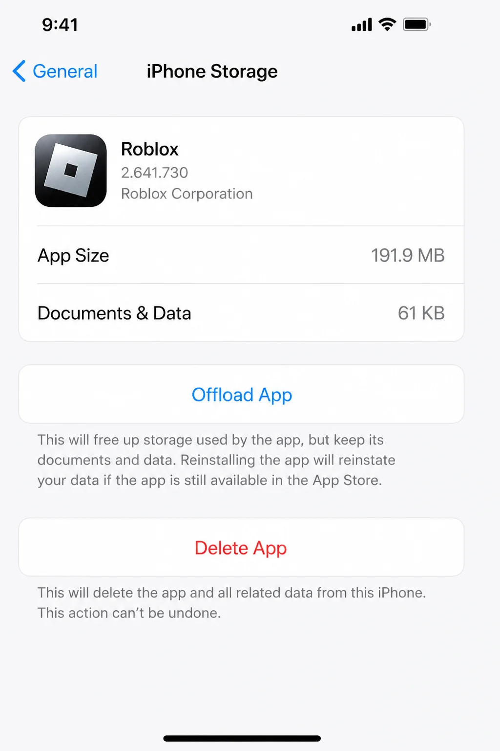 iPhone Storage detail screen for the Roblox app showing Offload App and Delete App options