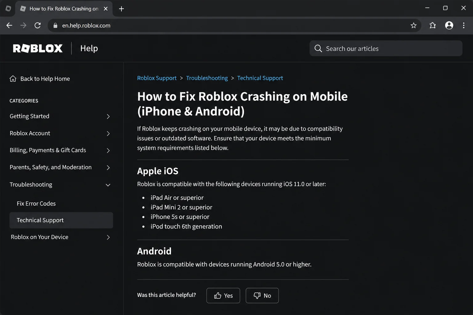 Roblox Mobile System Requirements support page listing device and OS compatibility guidance