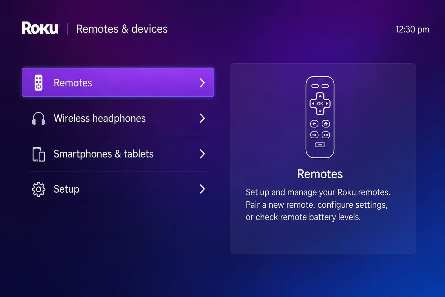 Roku on-screen Remotes and Devices menu with Remotes and Set up remote for TV control highlighted