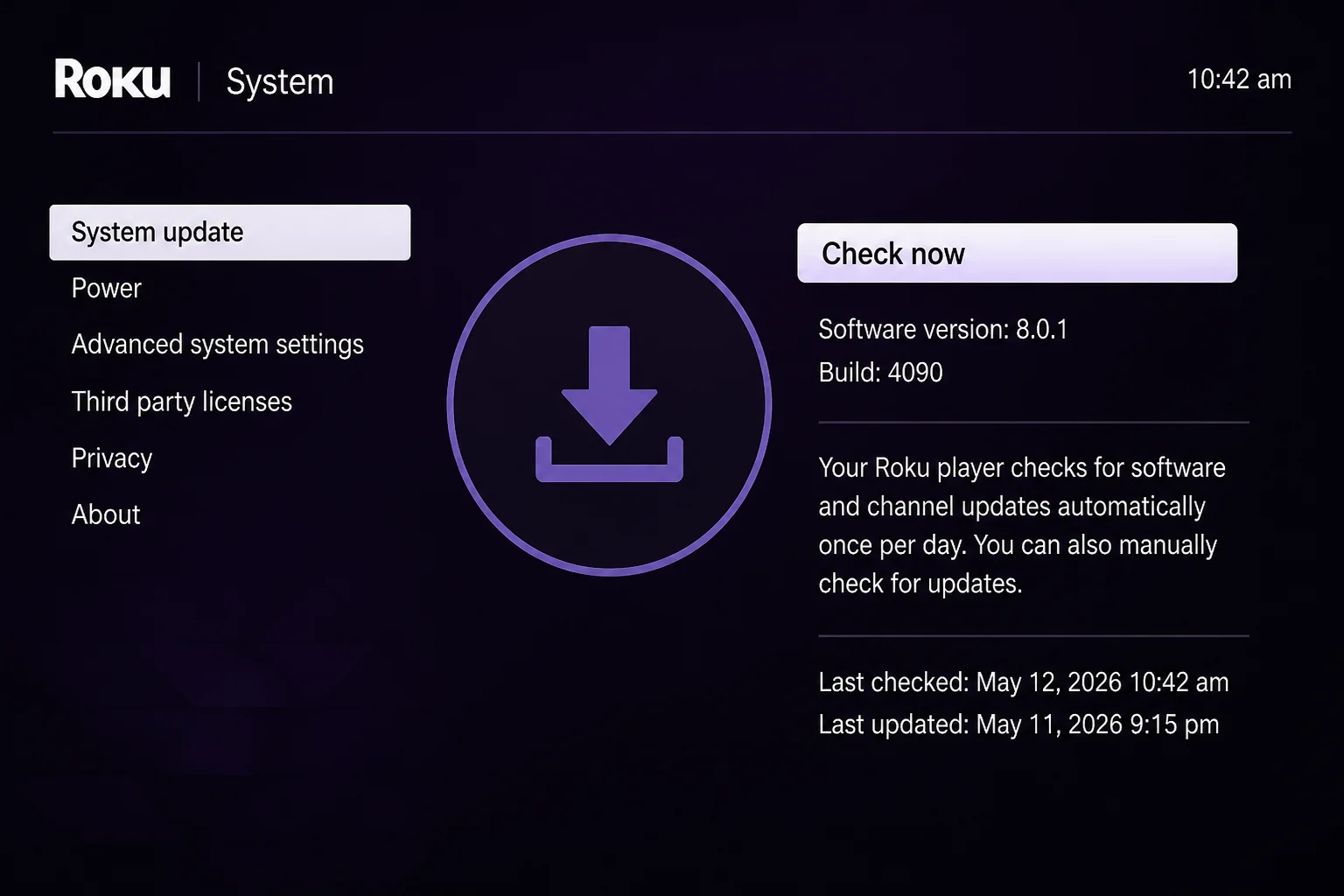 Roku System update screen with Check now highlighted