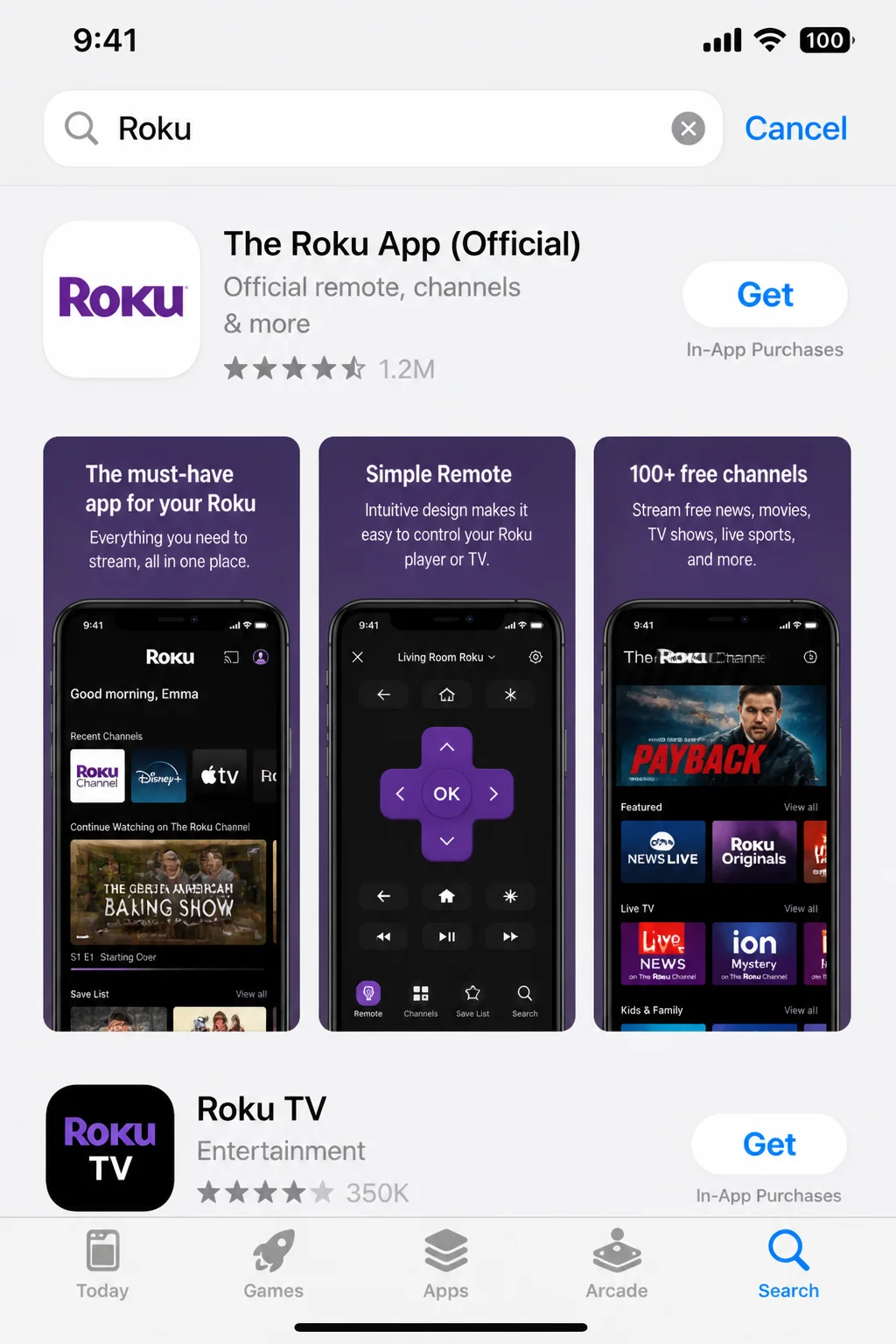 iPhone App Store search screen with Roku entered and the official Roku mobile app identified