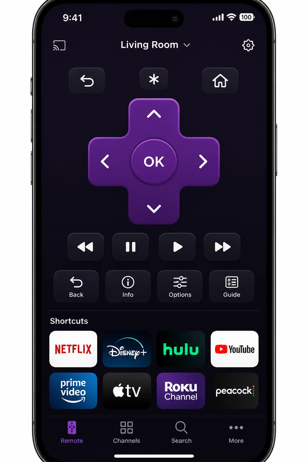 Official Roku mobile app showing device selection and the reusable remote-control interface with directional, Home, and Back controls