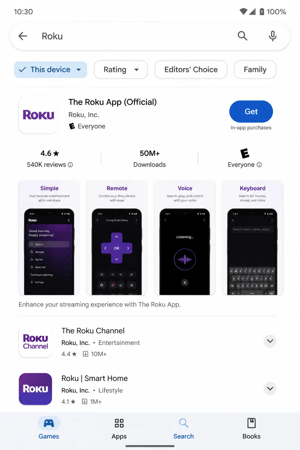 Android Google Play Store search screen with Roku entered and the official Roku mobile app identified
