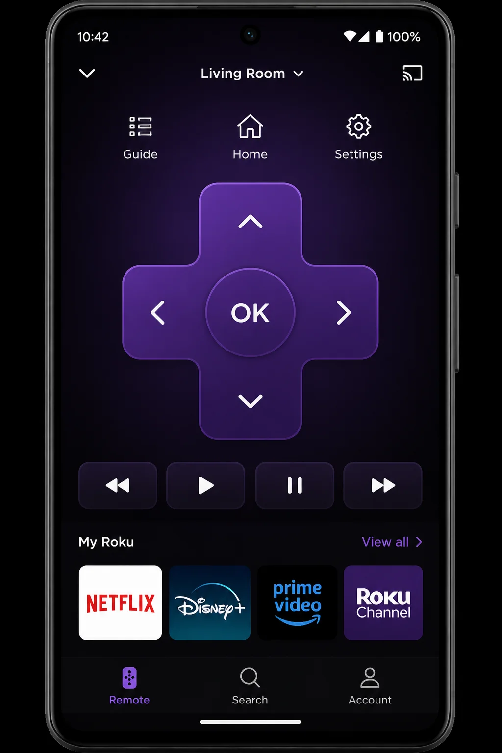 Official Roku mobile app showing device selection and the reusable remote-control interface with directional, Home, and Back controls