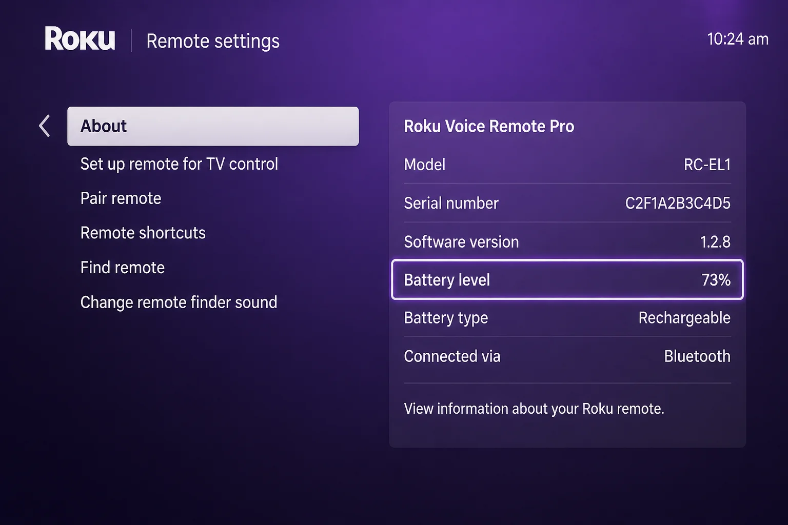 Selected Roku remote About page with the battery-level field highlighted where available