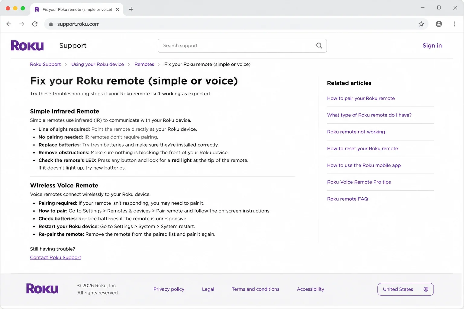 Roku Support page showing the distinction between simple infrared and wireless voice remotes, plus battery and charging guidance