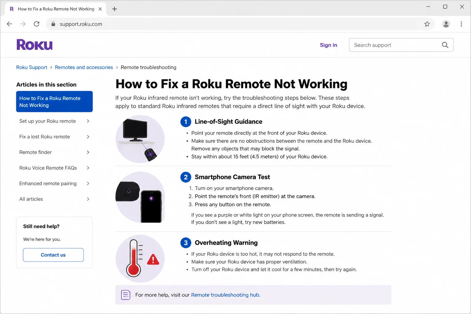 Official Roku infrared remote troubleshooting page showing line-of-sight guidance, the smartphone camera test, and the overheating warning