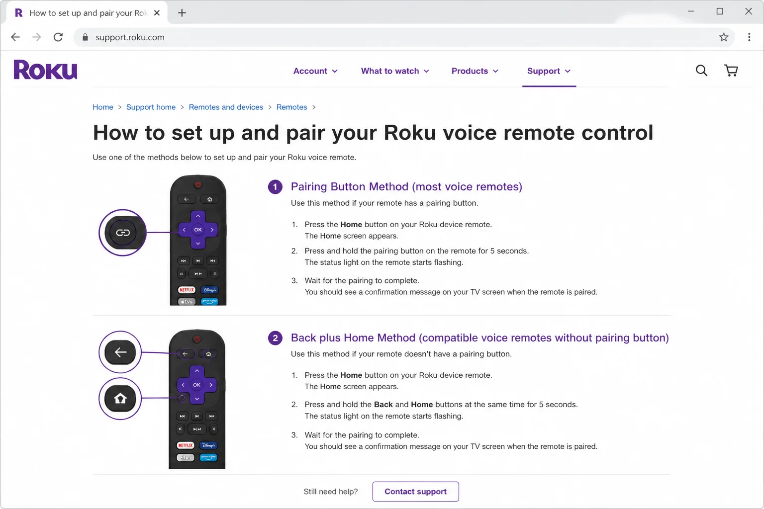 Official pairing section showing the Pairing button method and the Back plus Home method for compatible voice remotes without a Pairing button