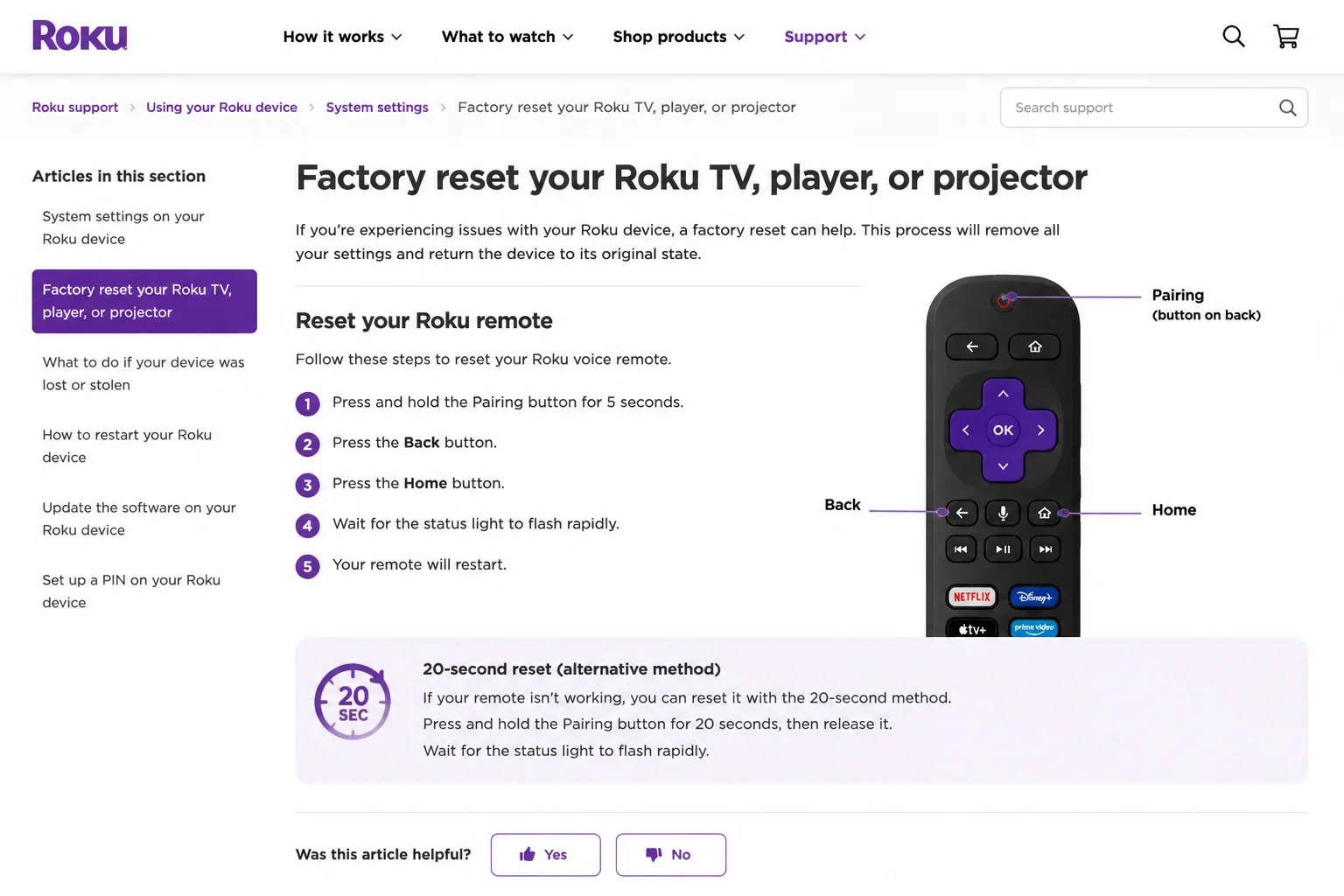 Official remote reset section highlighting the 20-second reset, Pairing versus Back and Home methods, and rechargeable-remote charging guidance