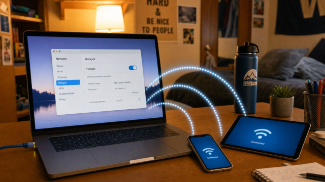 Laptop screen shows hotspot/network settings while a phone and tablet on the desk display a connected Wi‑Fi icon above glowing wireless arcs. - home-computer-router-featured