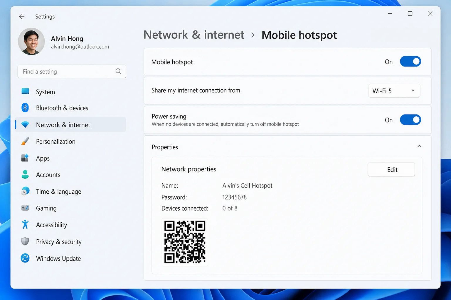 Windows 11 Settings showing Network & internet > Mobile hotspot page