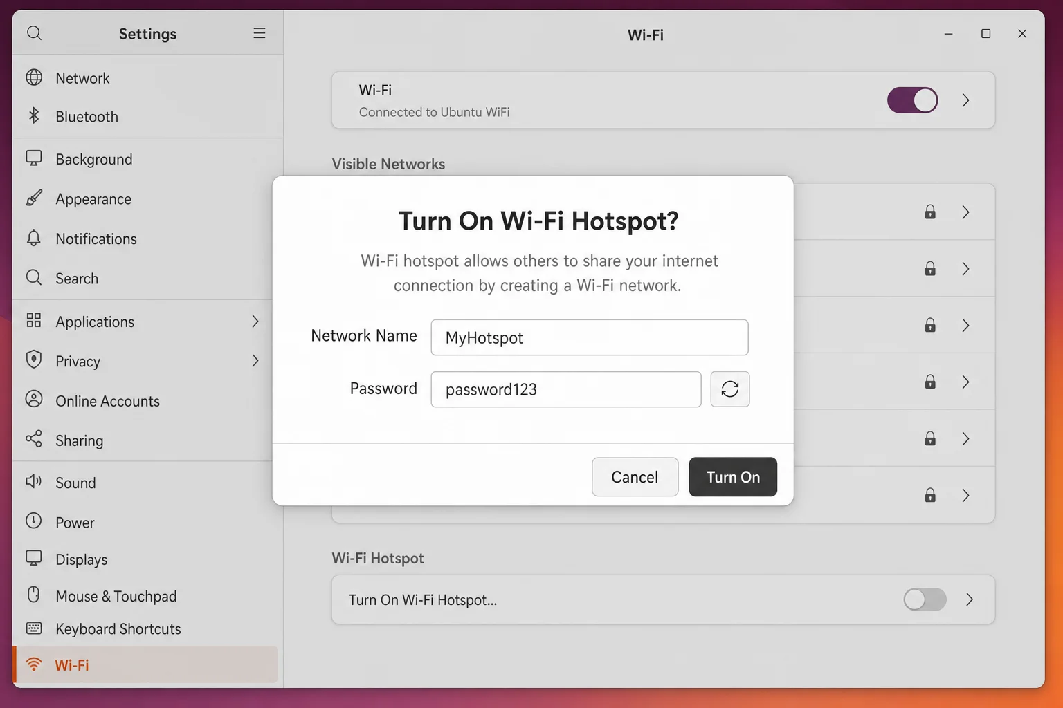 GNOME Settings Wi-Fi panel showing Hotspot option with network name and password fields