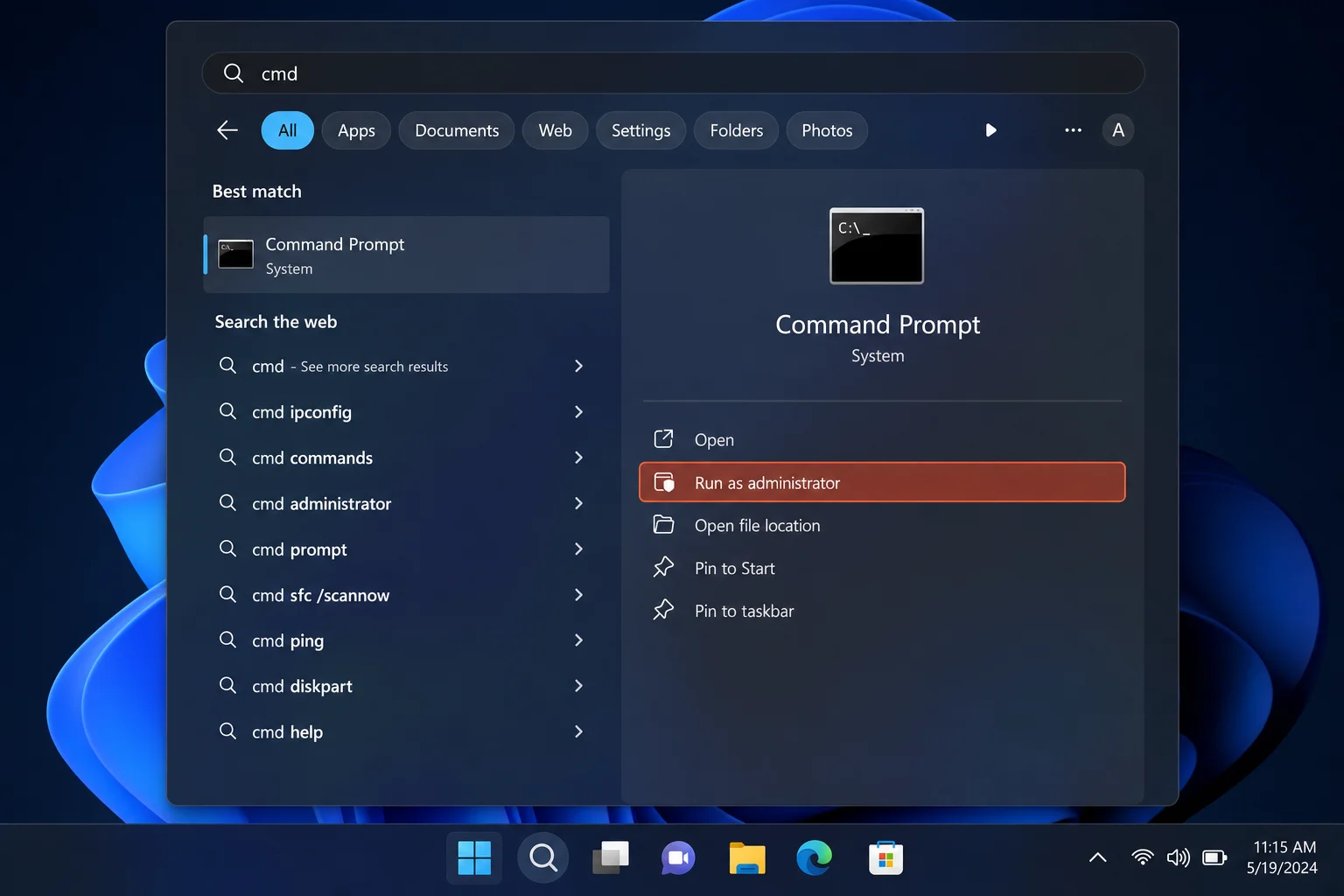 Windows 11 Start menu search showing cmd result with Run as administrator option highlighted