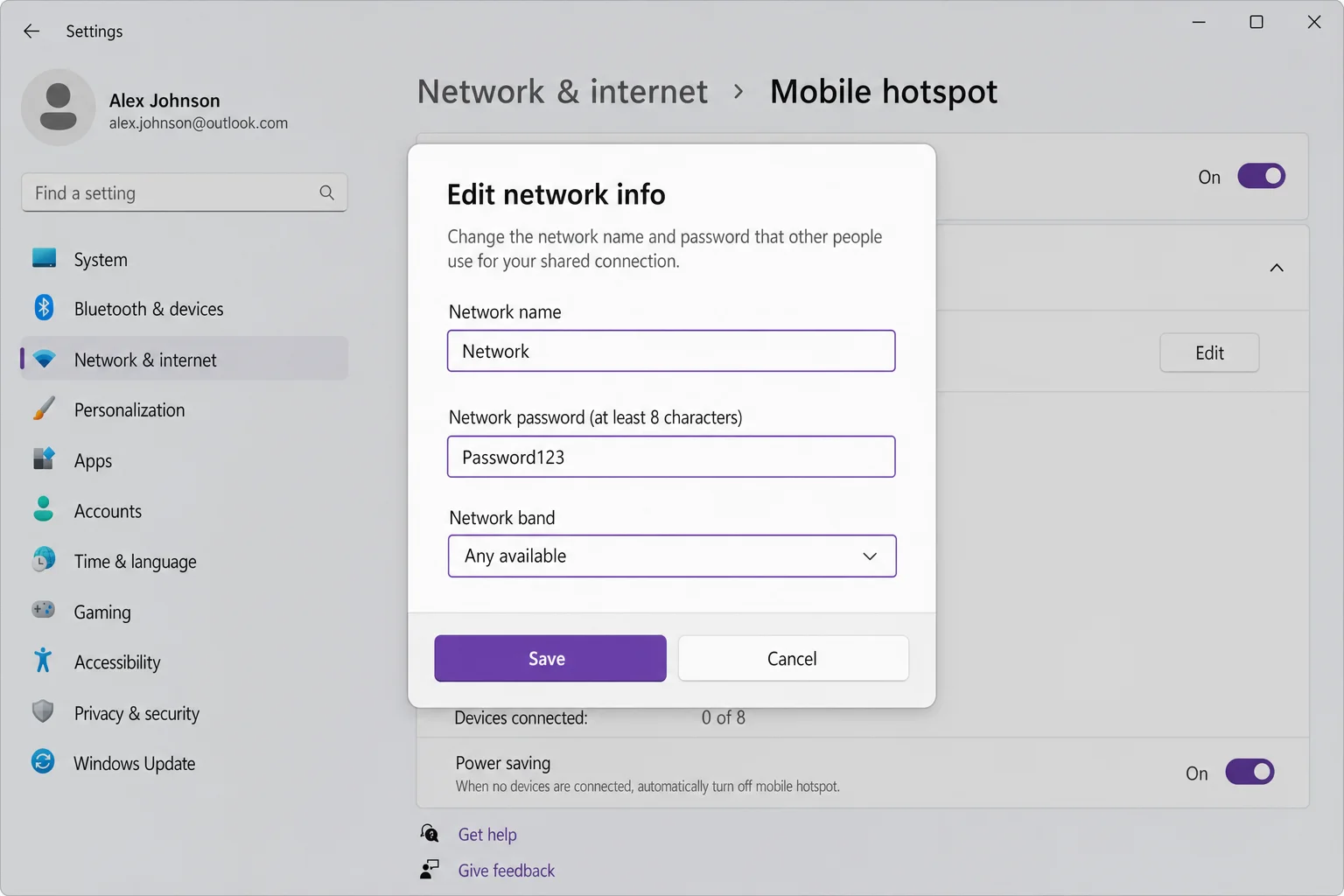 Windows 11 Mobile hotspot Edit dialog showing network name, password, and band options
