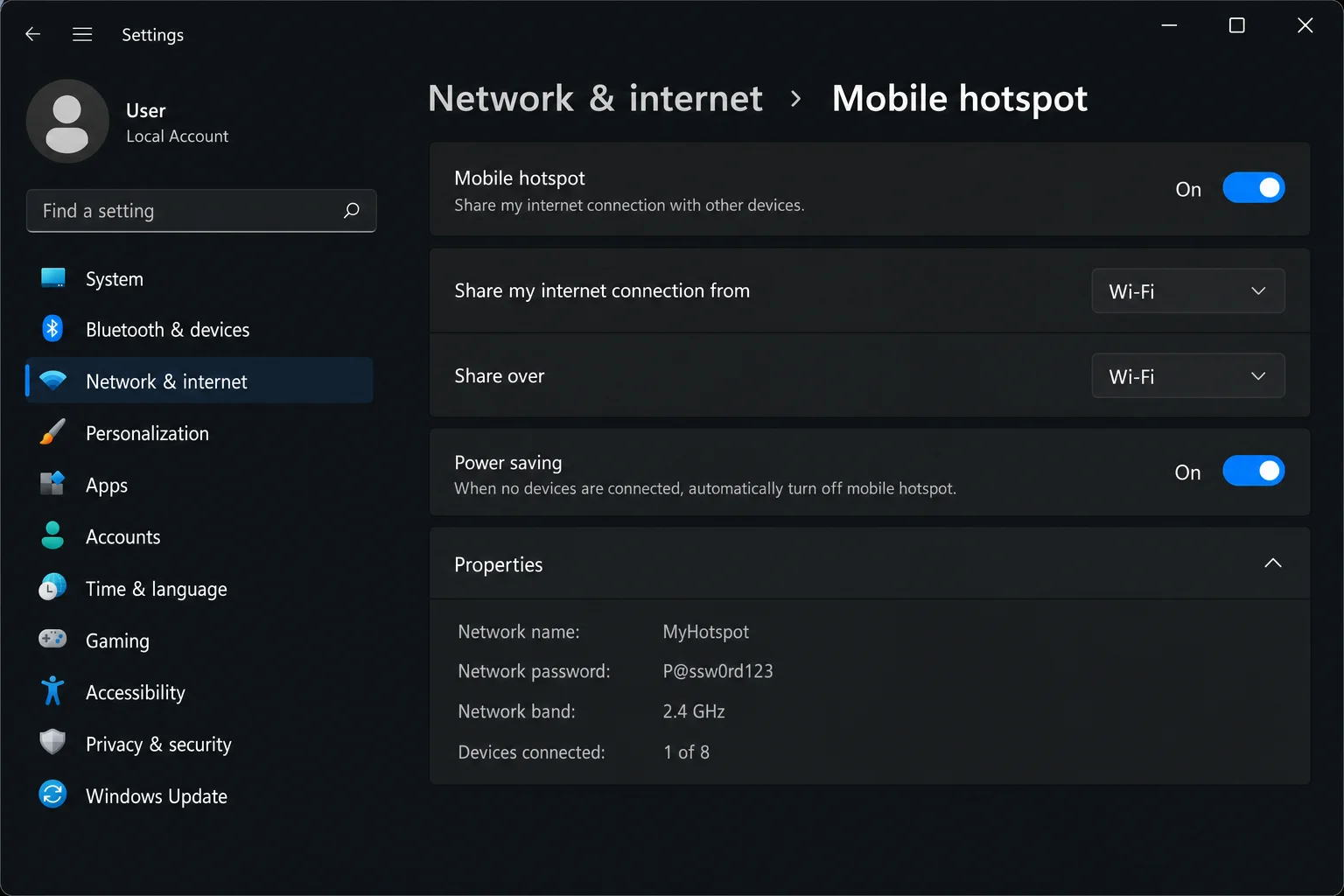 Windows 11 Mobile hotspot toggle switched to On, showing connected devices count