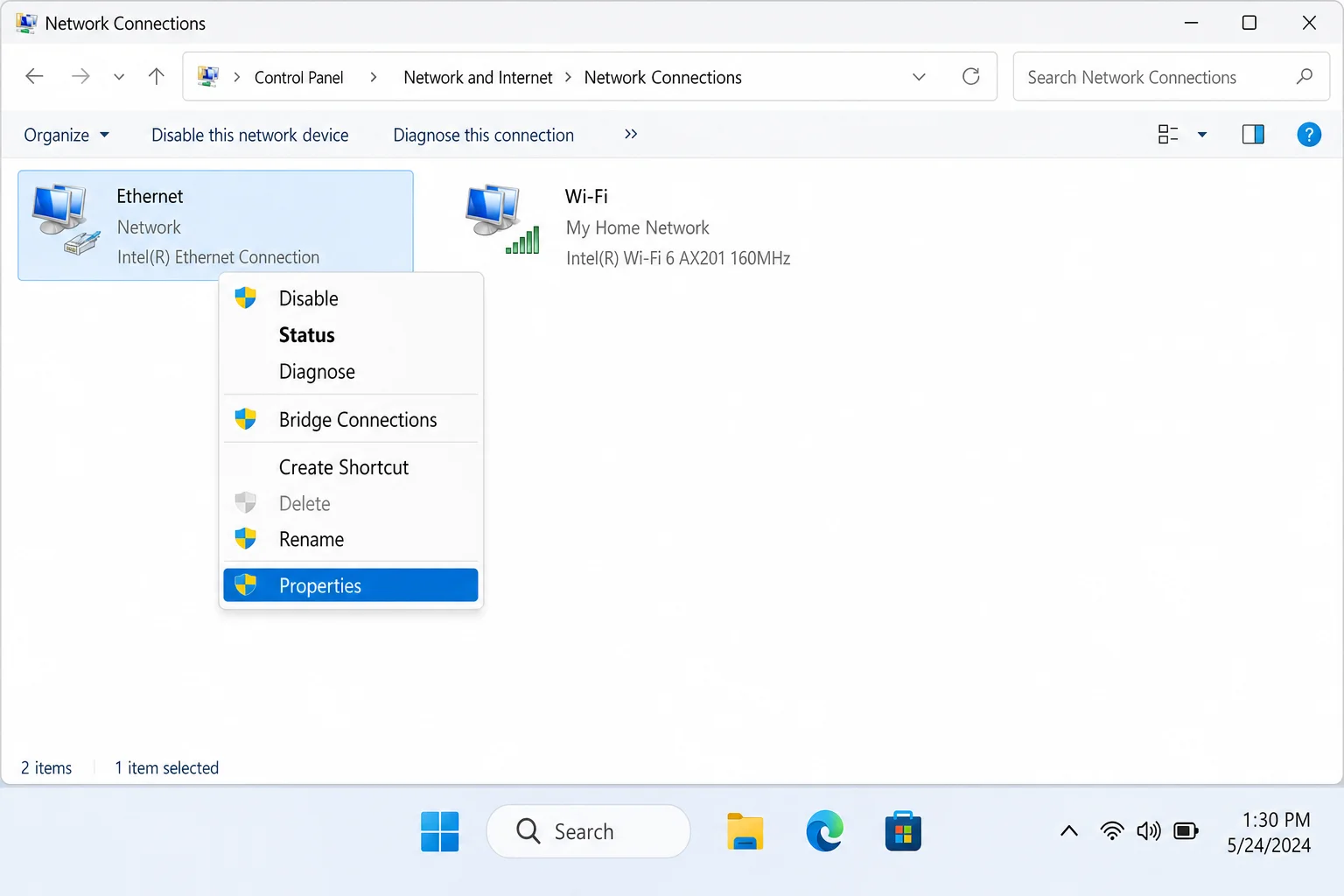 Windows 11 Network Connections list showing right-click context menu on Ethernet adapter with Properties highlighted