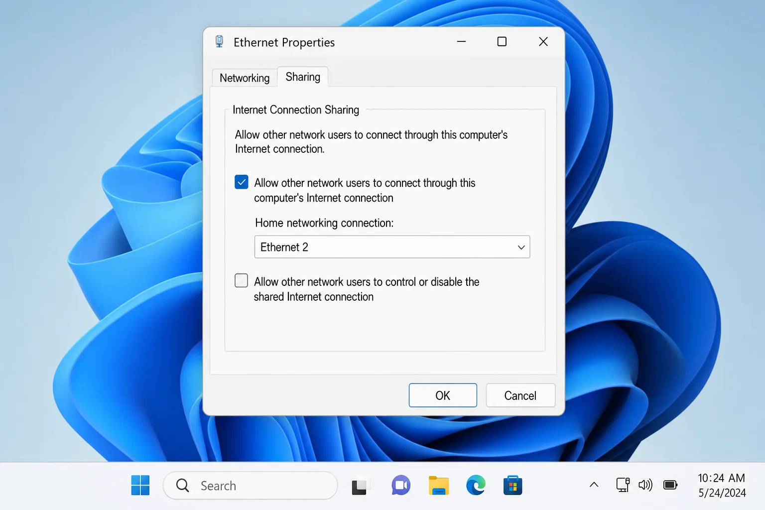 Windows 11 Ethernet adapter Properties window showing Sharing tab with ICS checkbox enabled and adapter dropdown visible