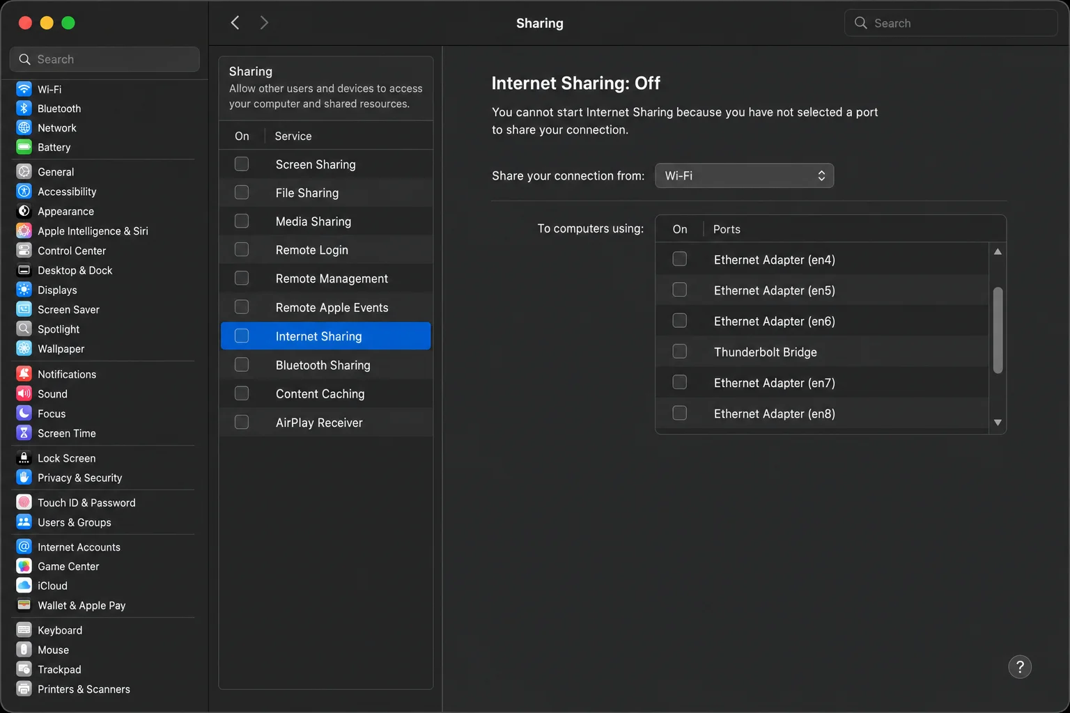 macOS Sequoia System Settings > General > Sharing panel with Internet Sharing option visible